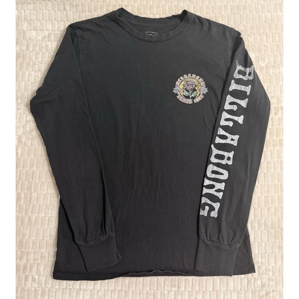Billabong Mens Small S Graphic Long Sleeve T Shirt Black Rose Logo Crew